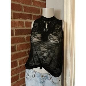 Black lace blouse top, sleeveless mock-neck Keyhole, Women’s S Whimsigoth